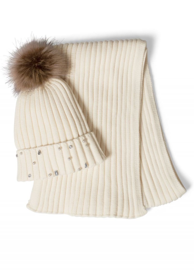 Venus Ribbed Beanie And Scarf Set in Nude