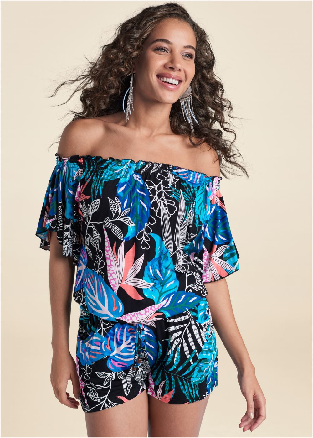 Venus Printed Off-Shoulder Romper in Blue Multi
