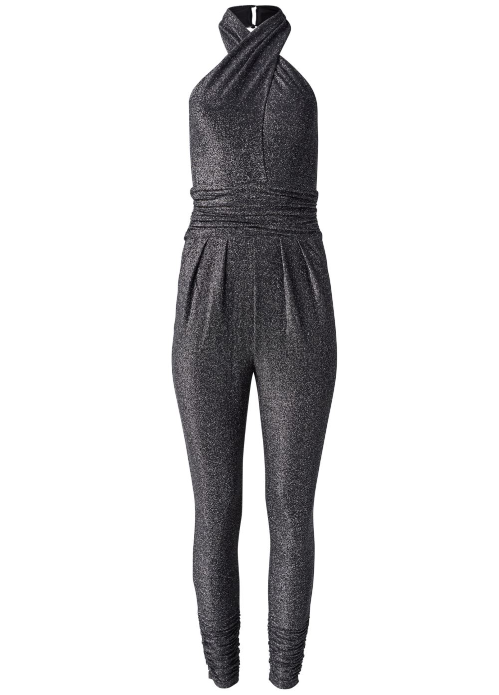 Venus Cross-Neck Sparkle Jumpsuit in Silver