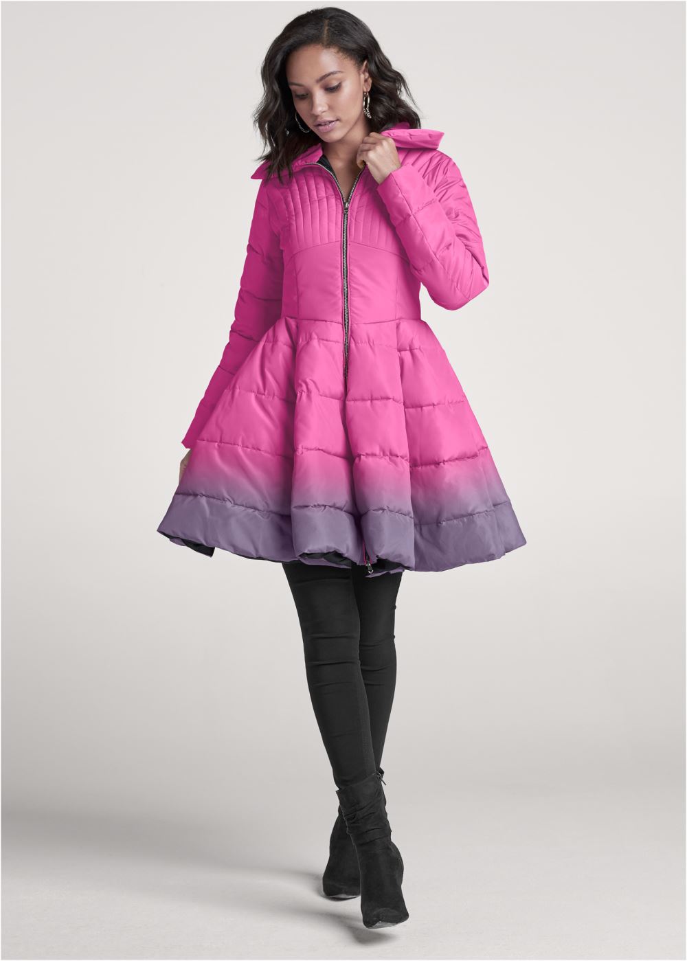Venus Ombre Peplum Puffer Coat in Pink Multi