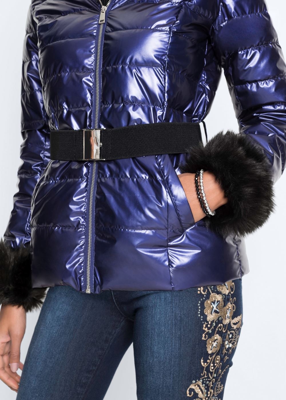 Venus Faux-Fur Trim Puffer Jacket in Blue