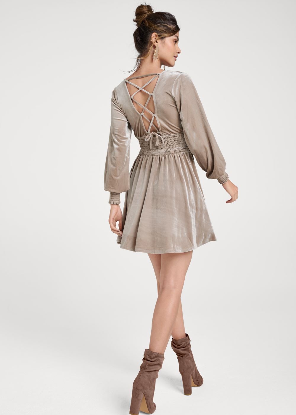 Venus Lace-Up Back Velvet Dress - Taupe
