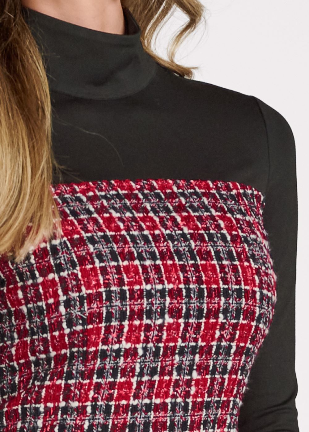 Venus Mock-Neck Plaid Tweed Dress - Red & Black