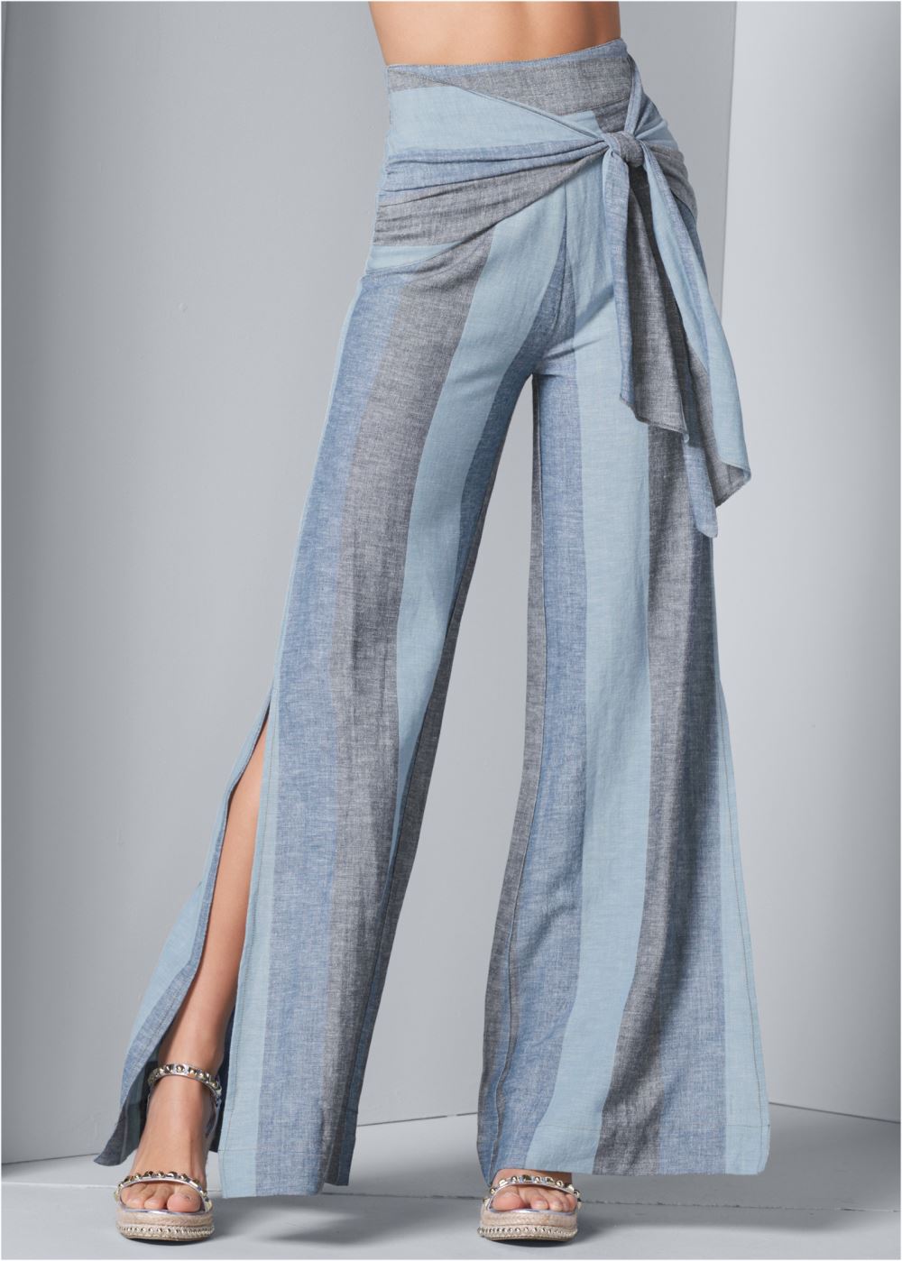Venus Tie-Front Linen Pants in Blue Multi