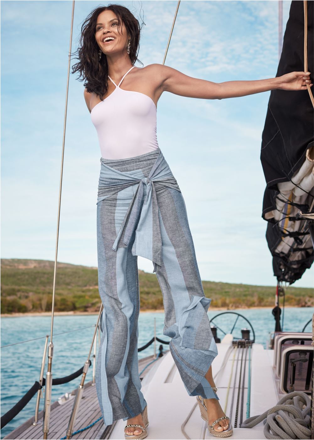 Venus Tie-Front Linen Pants in Blue Multi