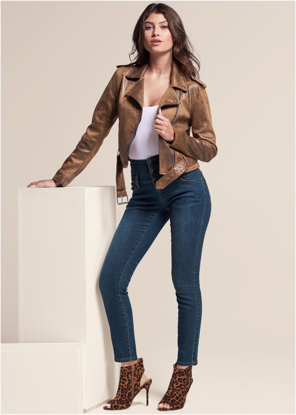 Venus Distressed Moto Jacket in Brown