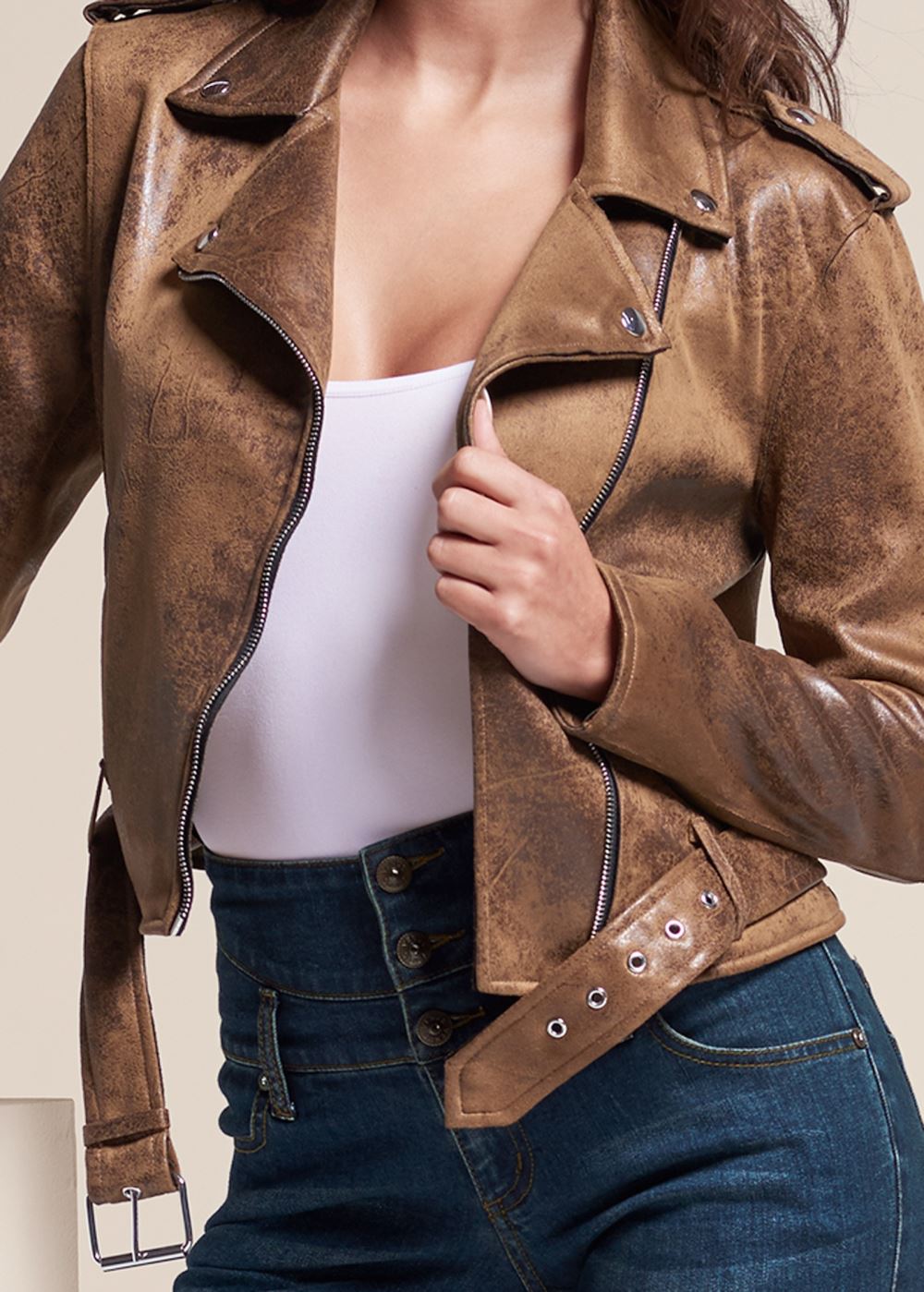 Venus Distressed Moto Jacket in Brown