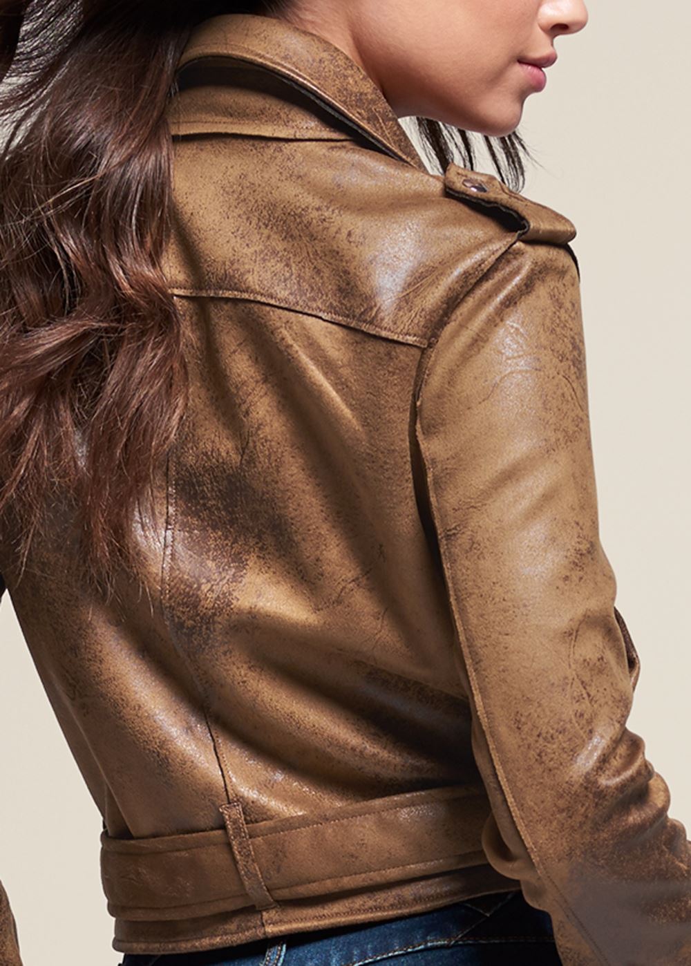 Venus Distressed Moto Jacket in Brown