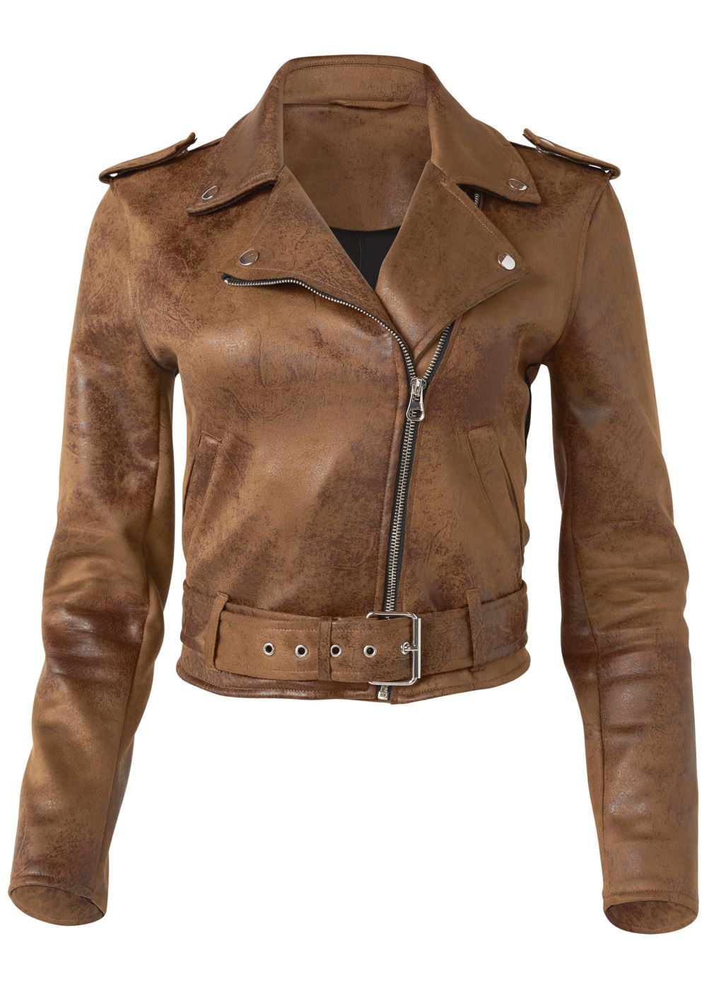 Venus Distressed Moto Jacket in Brown