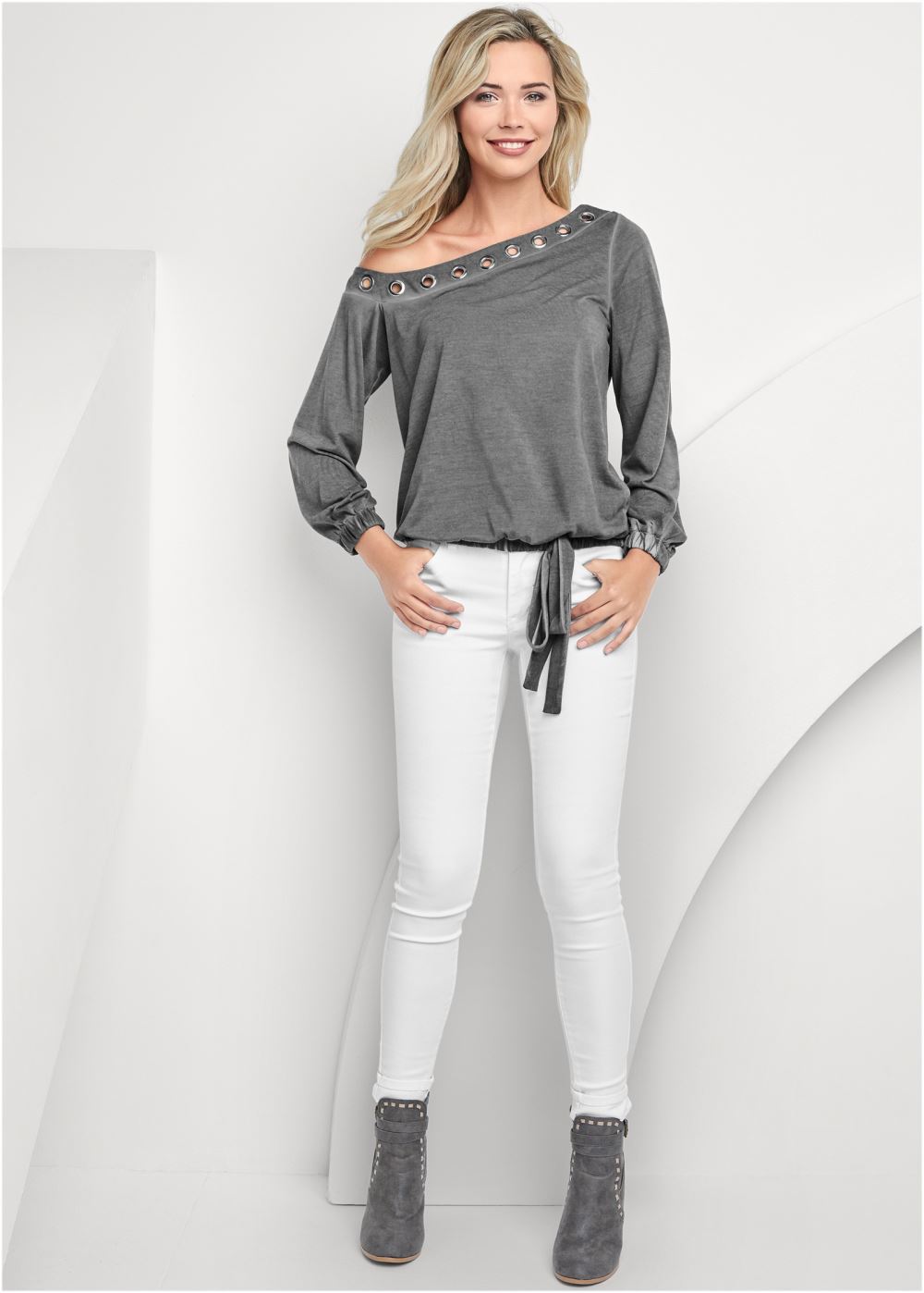 Venus One-Shoulder Grommet Top in Grey