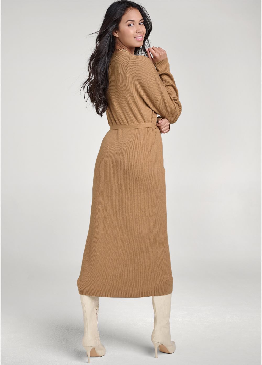 Venus VENUS | Button-Front Ribbed Duster in Camel