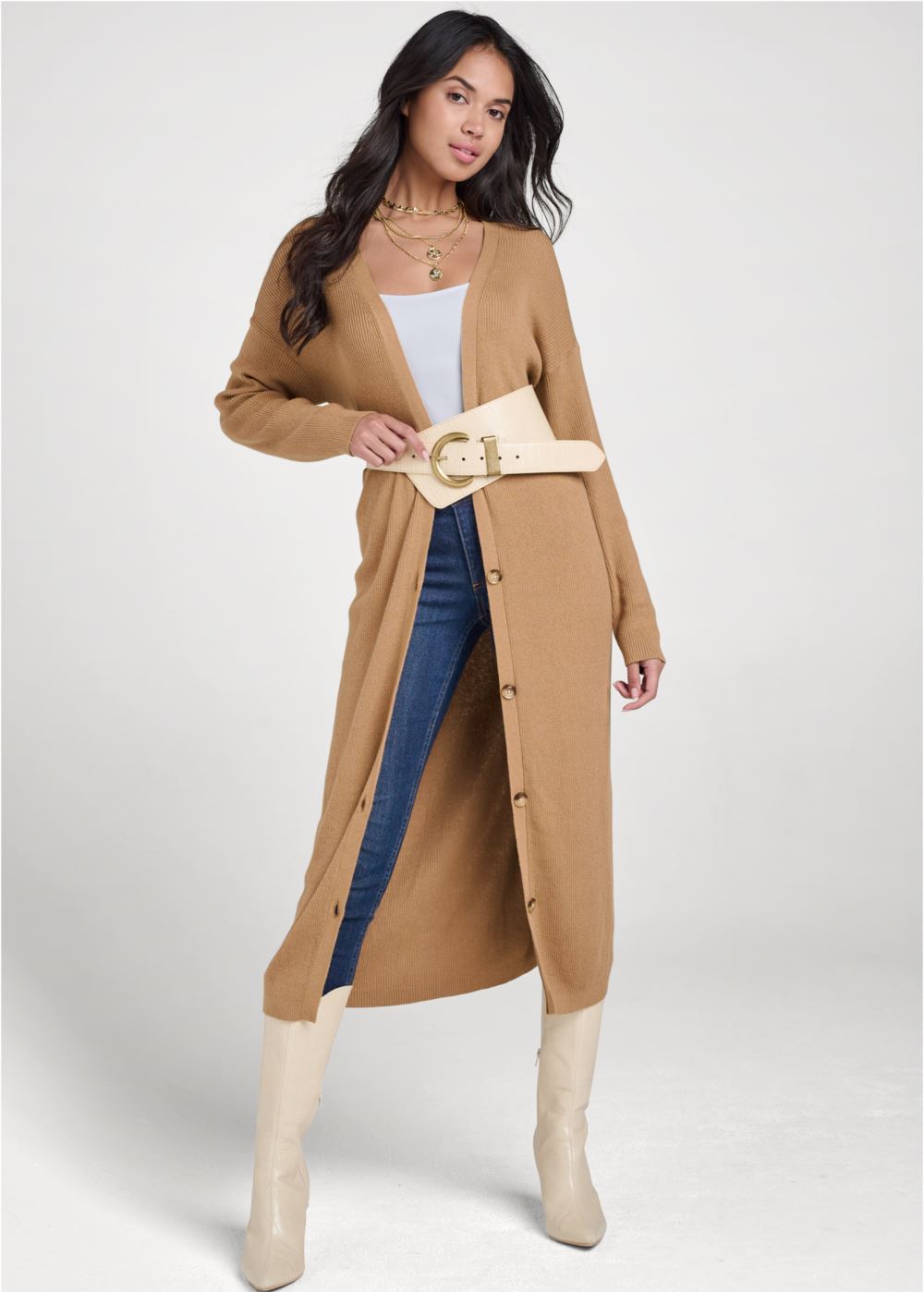 Venus VENUS | Button-Front Ribbed Duster in Camel
