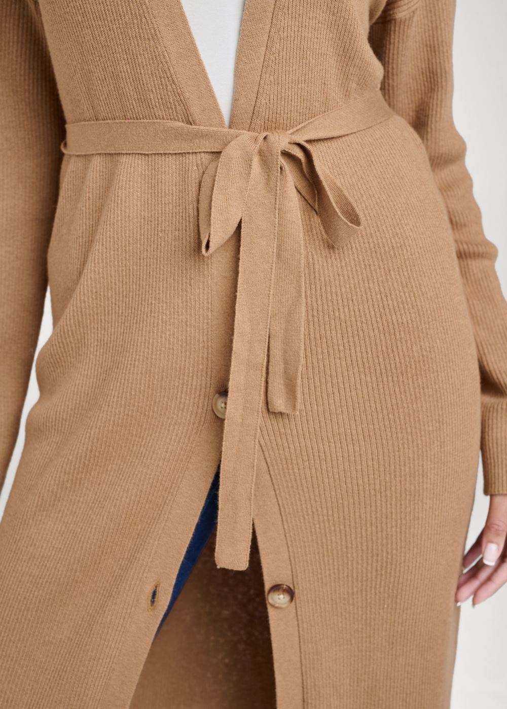 Venus VENUS | Button-Front Ribbed Duster in Camel