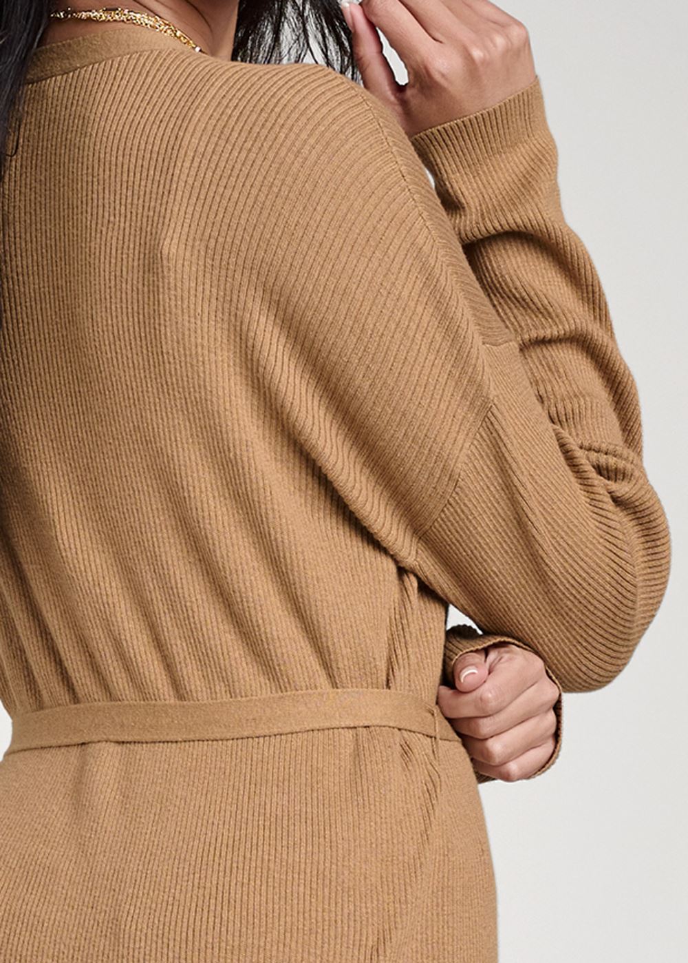 Venus VENUS | Button-Front Ribbed Duster in Camel