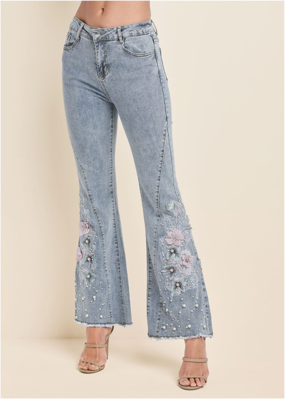 Venus Floral Applique Wide Leg Jeans in Light Wash