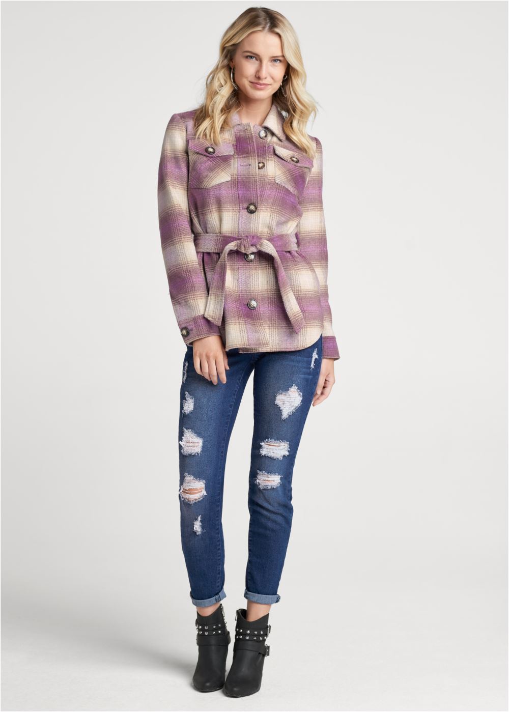 Venus Plaid Shacket With Belt in Purple Multi