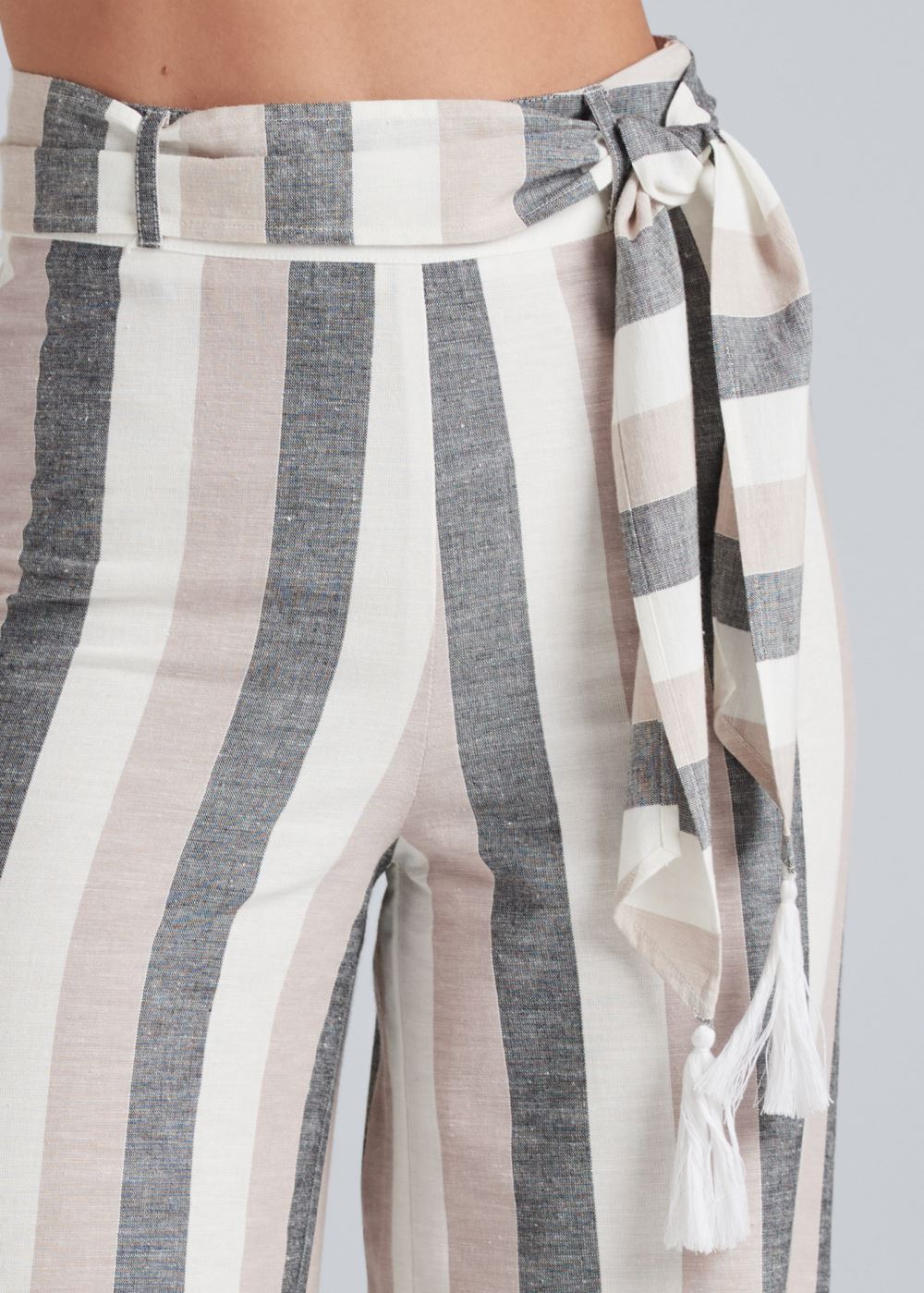 Venus Striped Wide Leg Linen Pants With Self Belt in White Multi