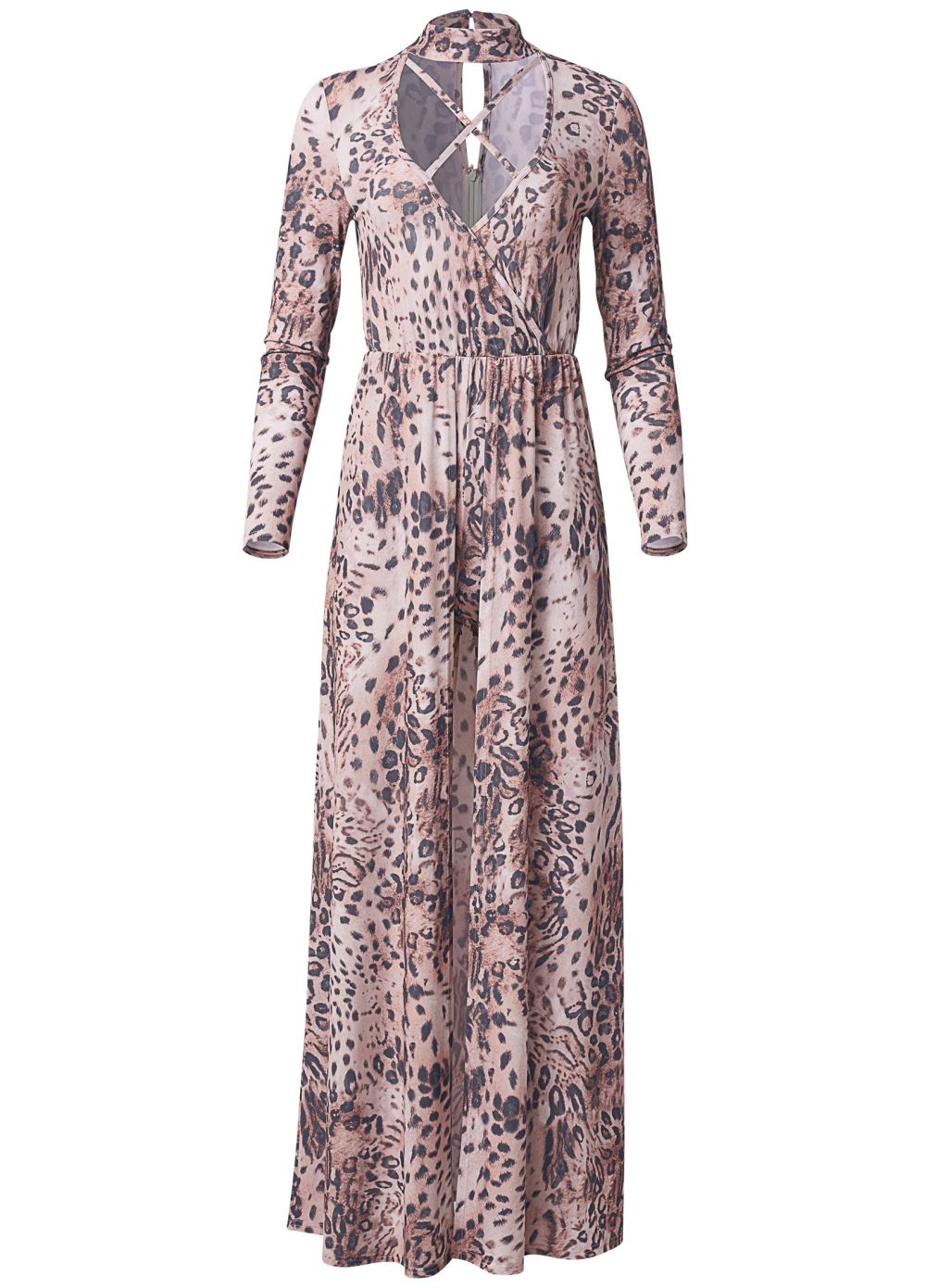 Venus Mock-Neck Leopard Romper in Brown Multi