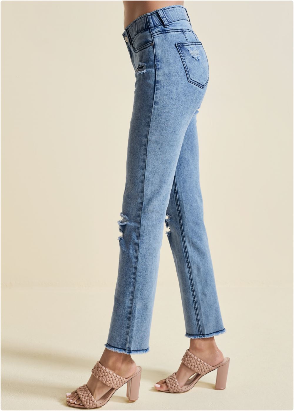 Venus Elastic Waist Straight Jeans in Acid Wash