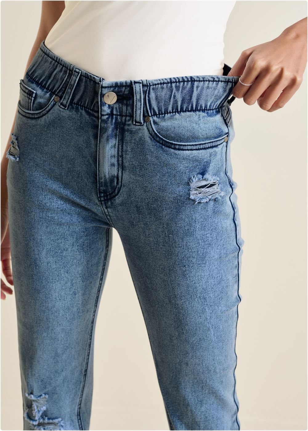 Venus Elastic Waist Straight Jeans in Acid Wash