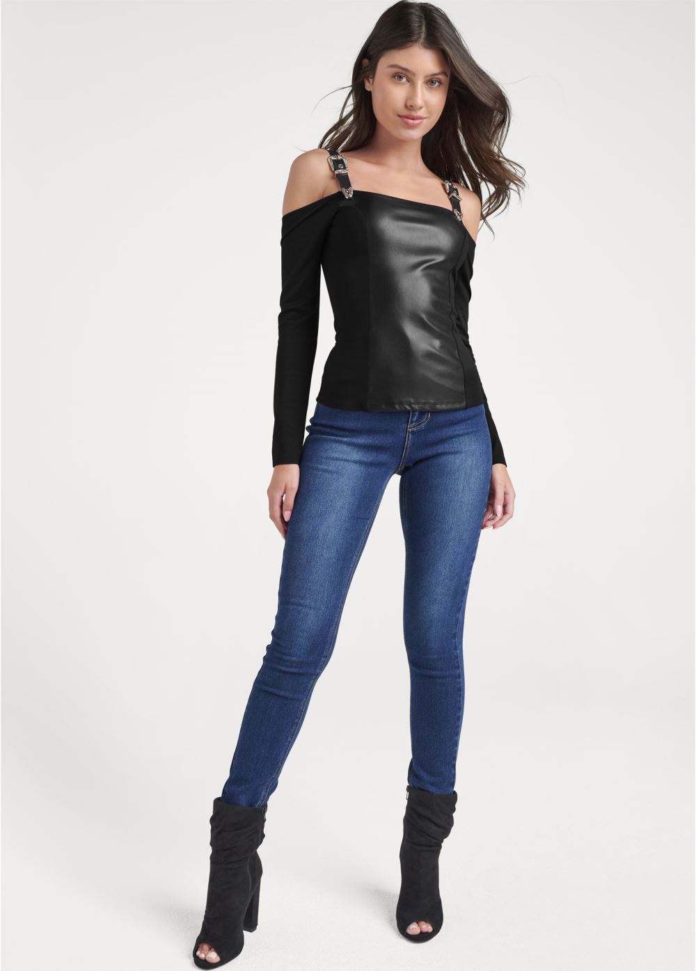 Venus Faux Leather Buckle Detail Top in Black