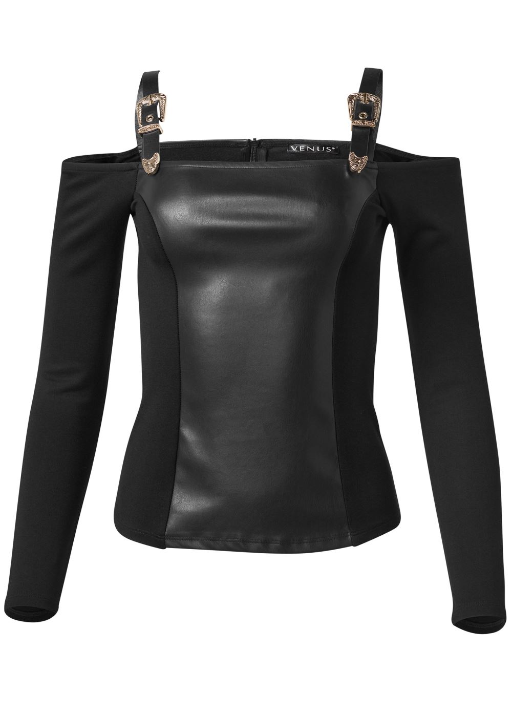 Venus Faux Leather Buckle Detail Top in Black