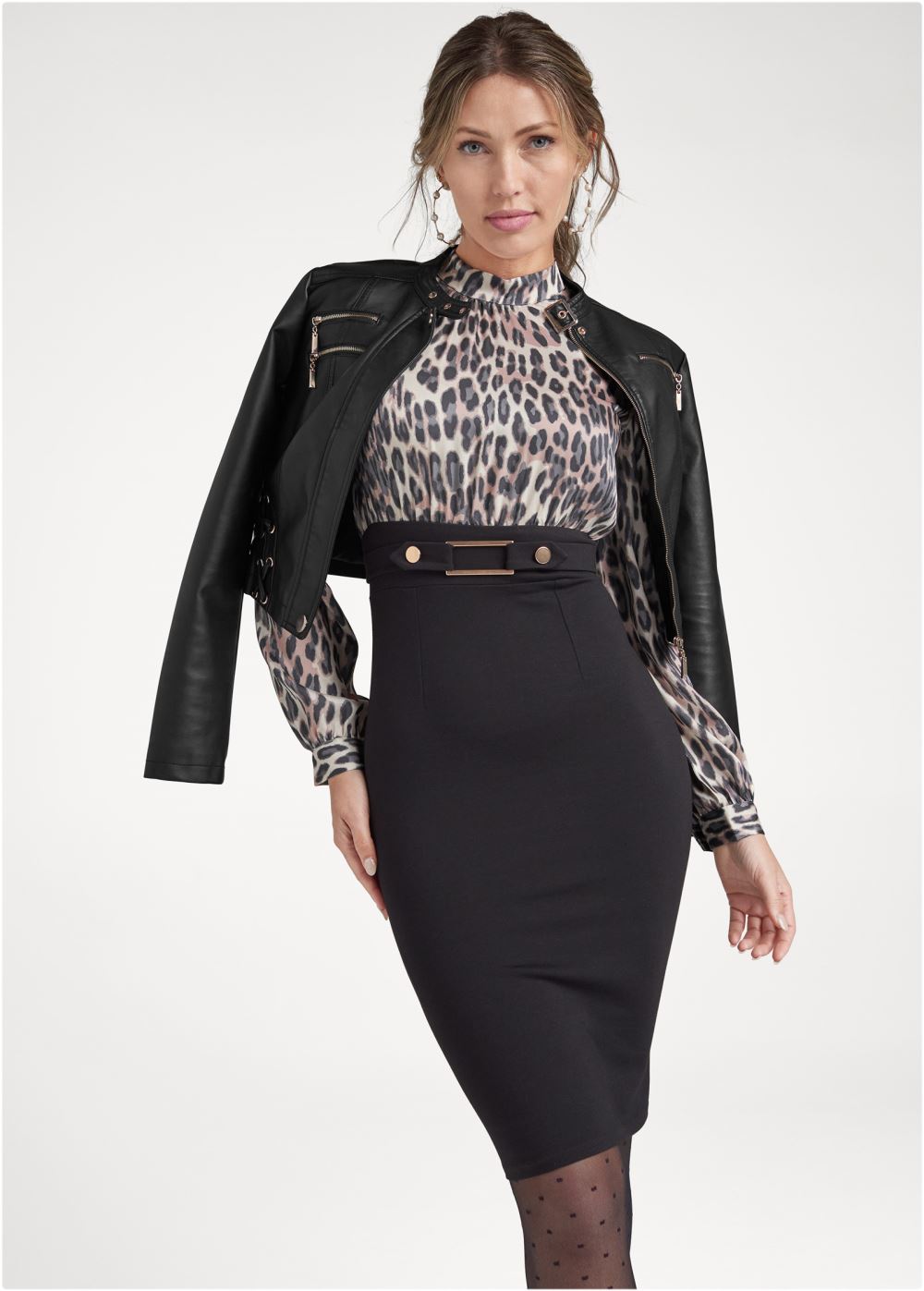 Venus Belted Pencil-Skirt Dress - Brown & Black