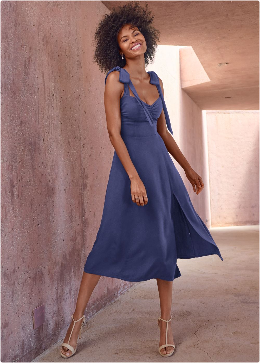 Venus Tie Shoulder Midi Dress - Navy