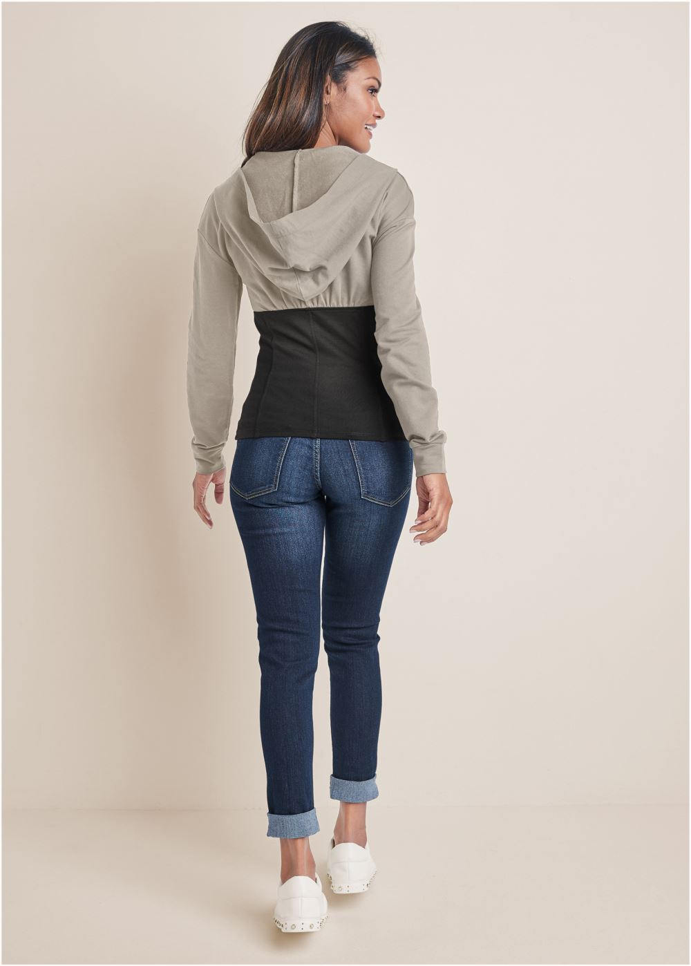 Venus Two Tone Zip-Front Sweatshirt in Black & Grey