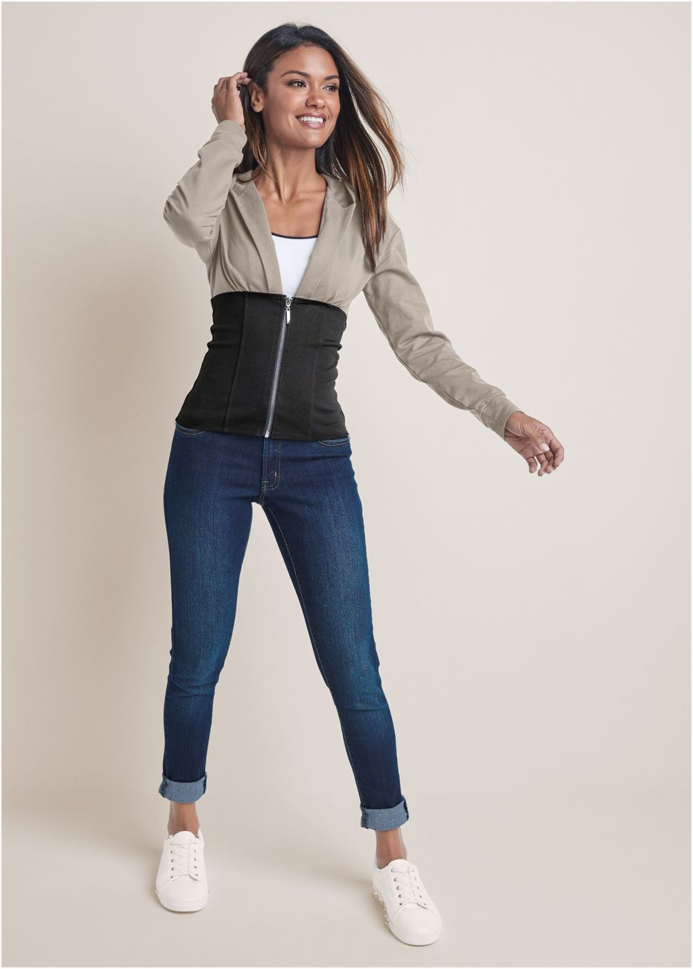 Venus Two Tone Zip-Front Sweatshirt in Black & Grey
