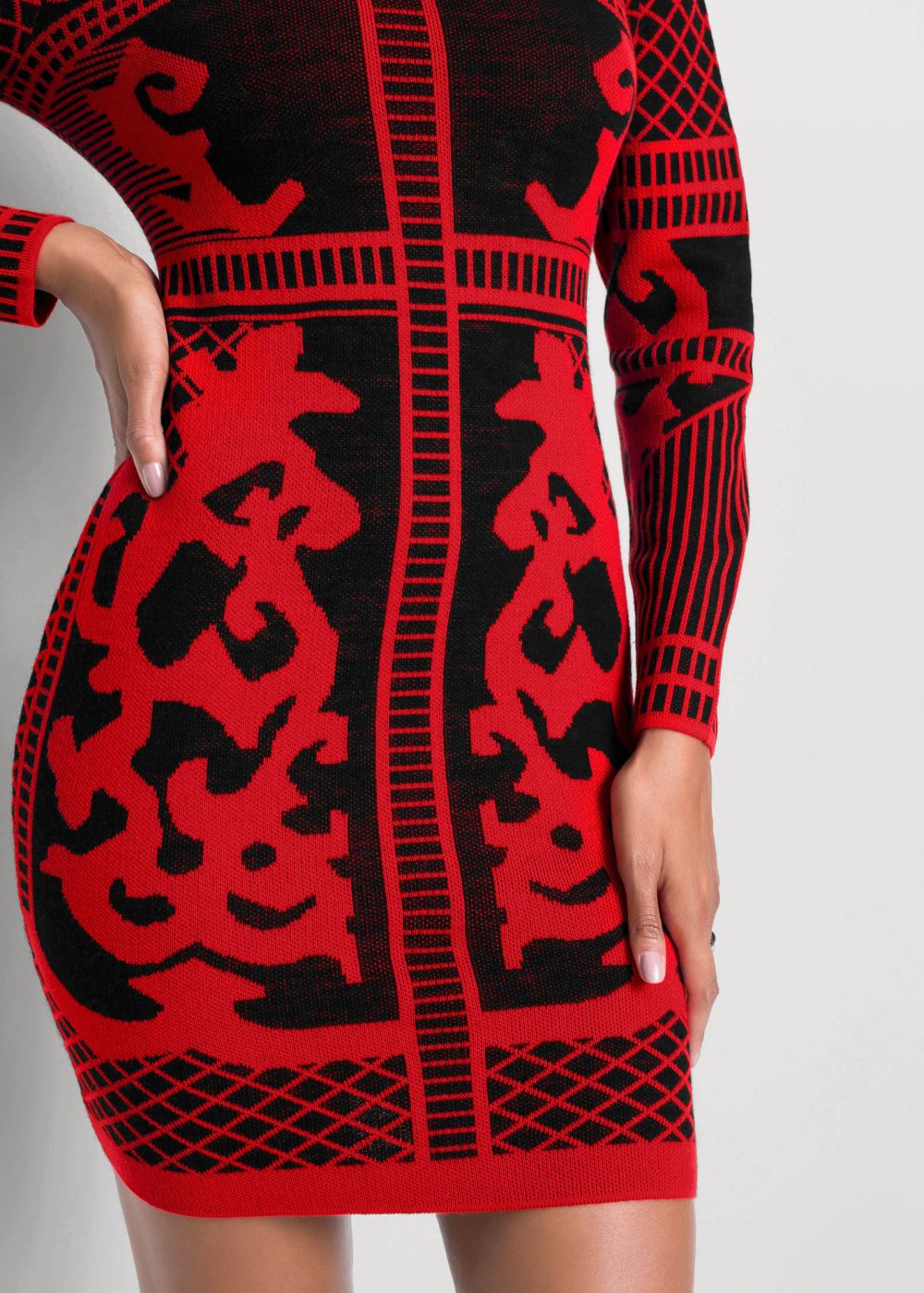 Venus Printed Sweater Dress - Black & Red