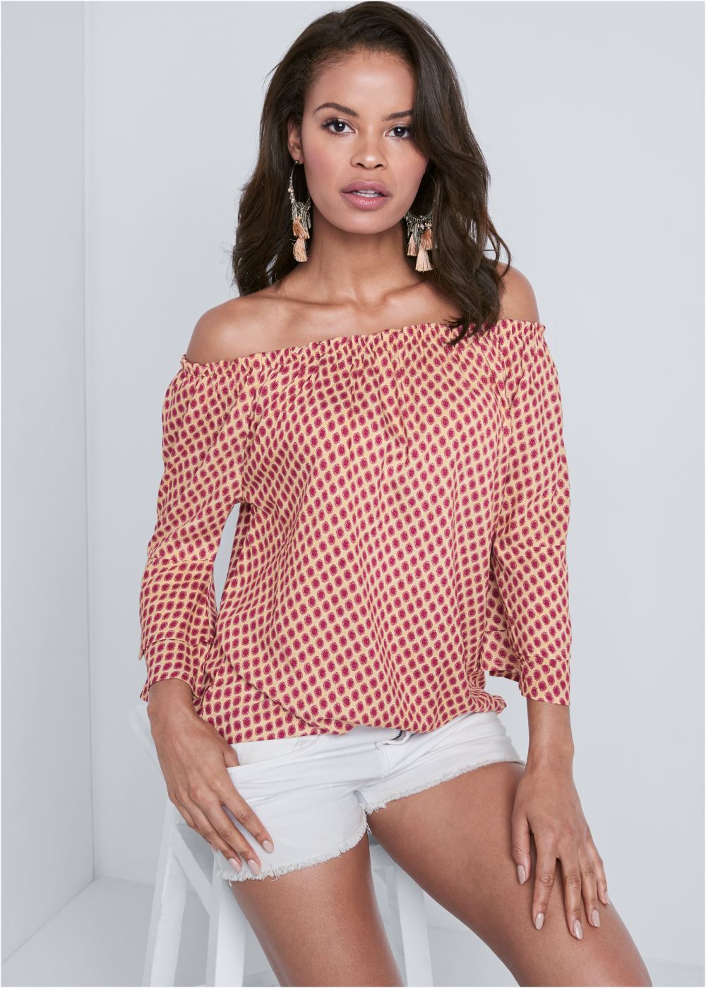 Venus Off-The-Shoulder Top in Beige Multi