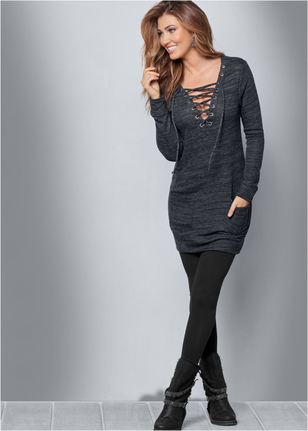 Venus Lace-Up French Terry Dress - Charcoal Grey