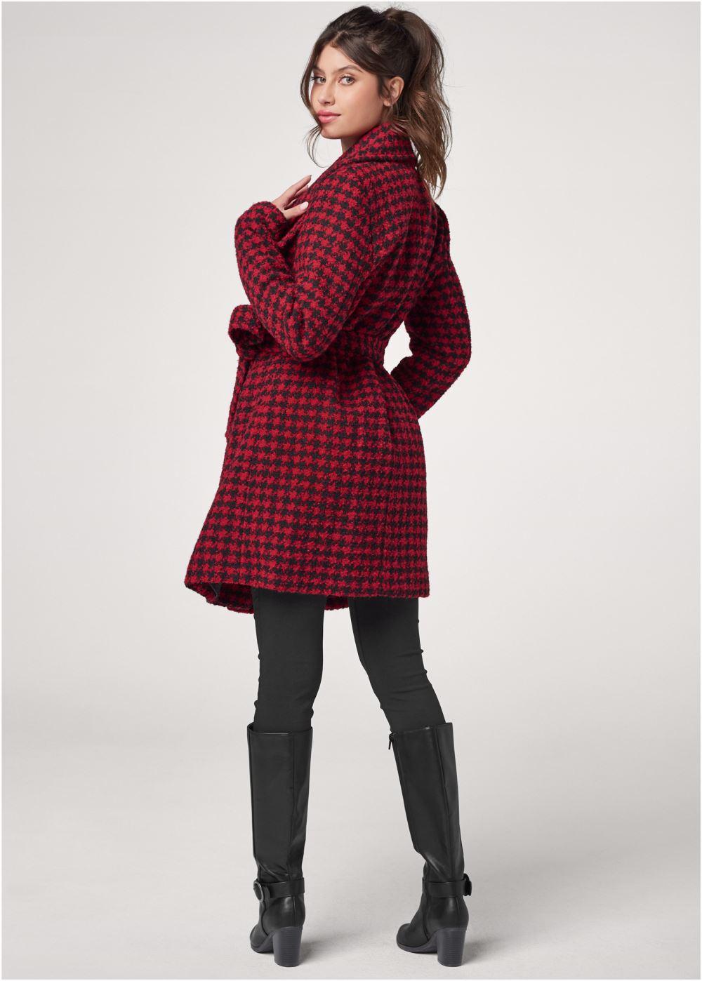Venus Belted Houndstooth Coat in Red & Black