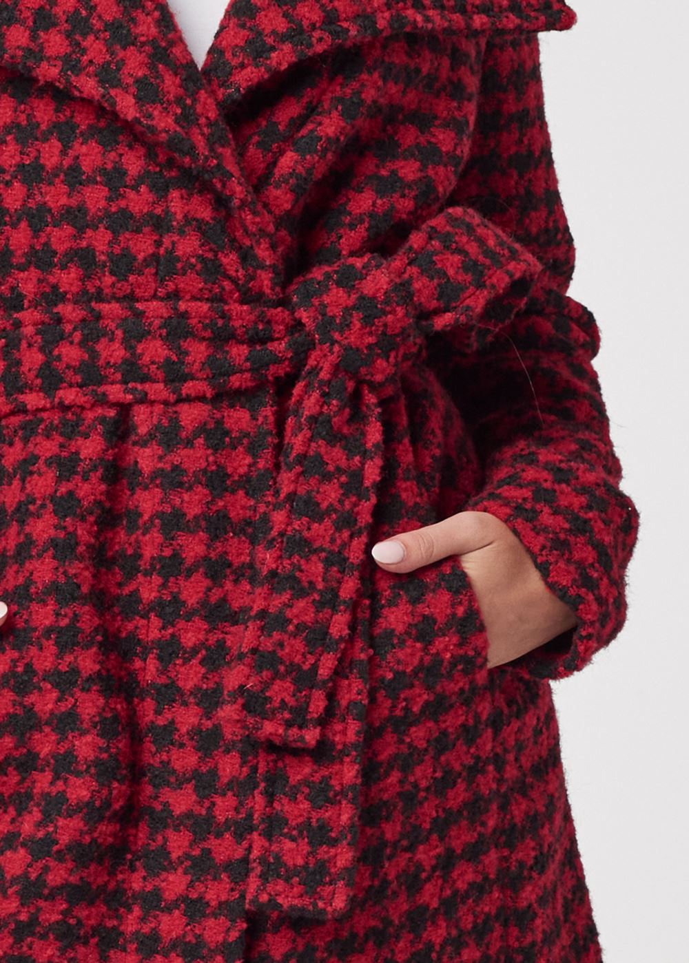 Venus Belted Houndstooth Coat in Red & Black