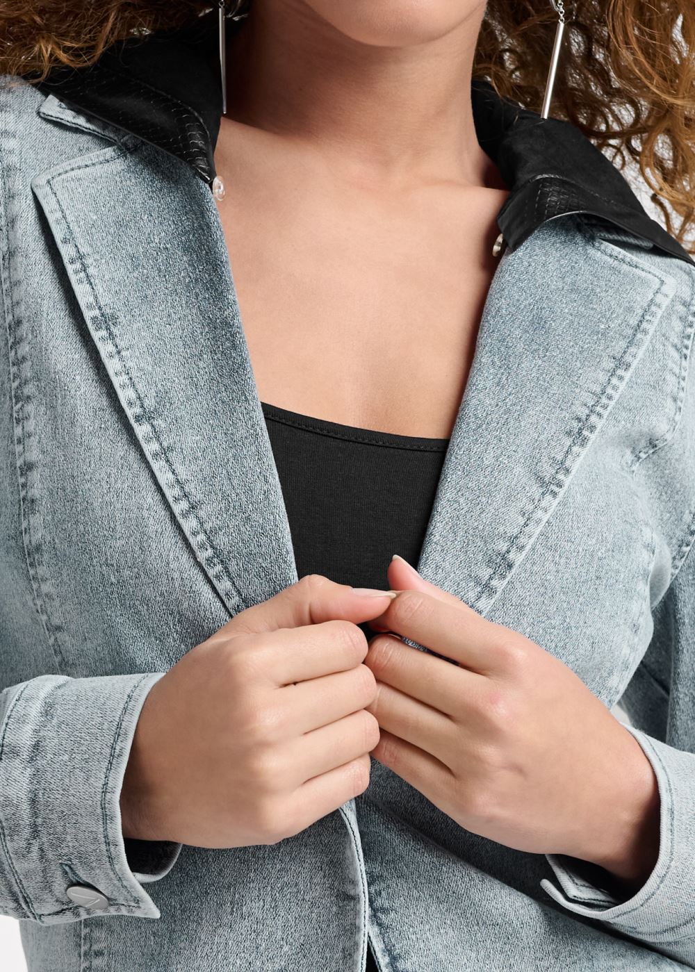 Venus Denim Blazer With Faux Leather Hood in Medium Wash