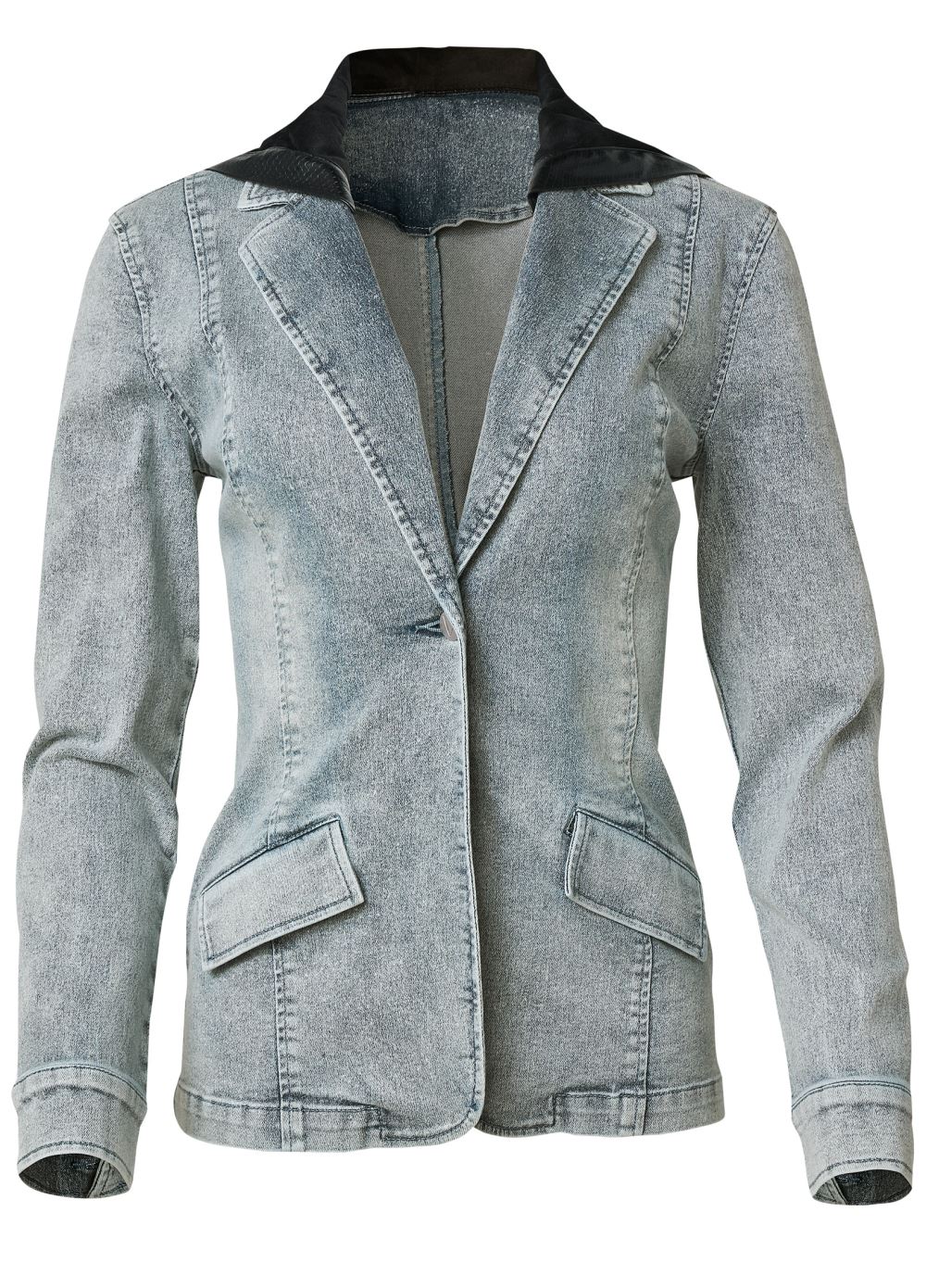 Venus Denim Blazer With Faux Leather Hood in Medium Wash