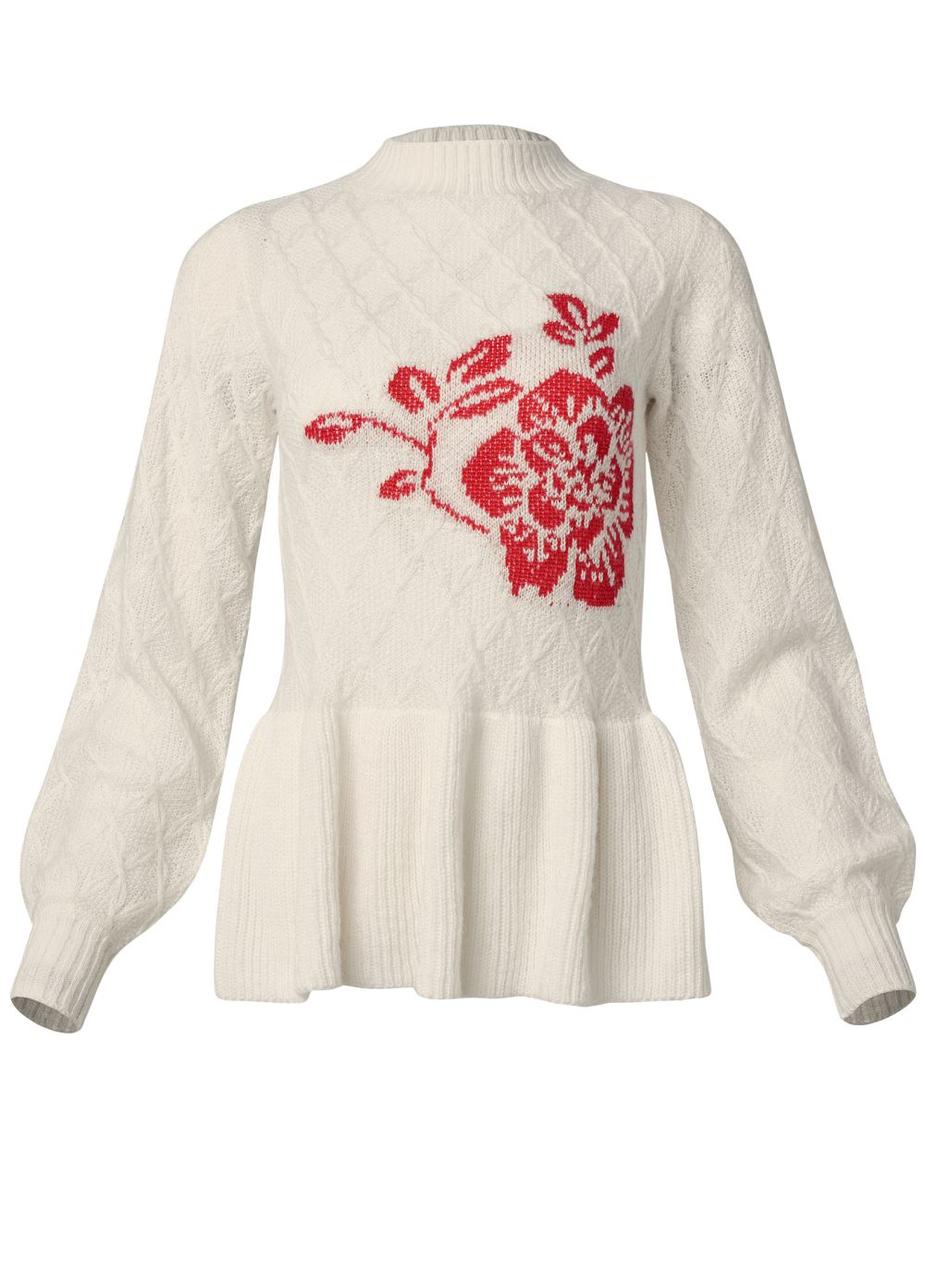 Venus VENUS | Rose Detail Peplum Sweater in Off White & Red