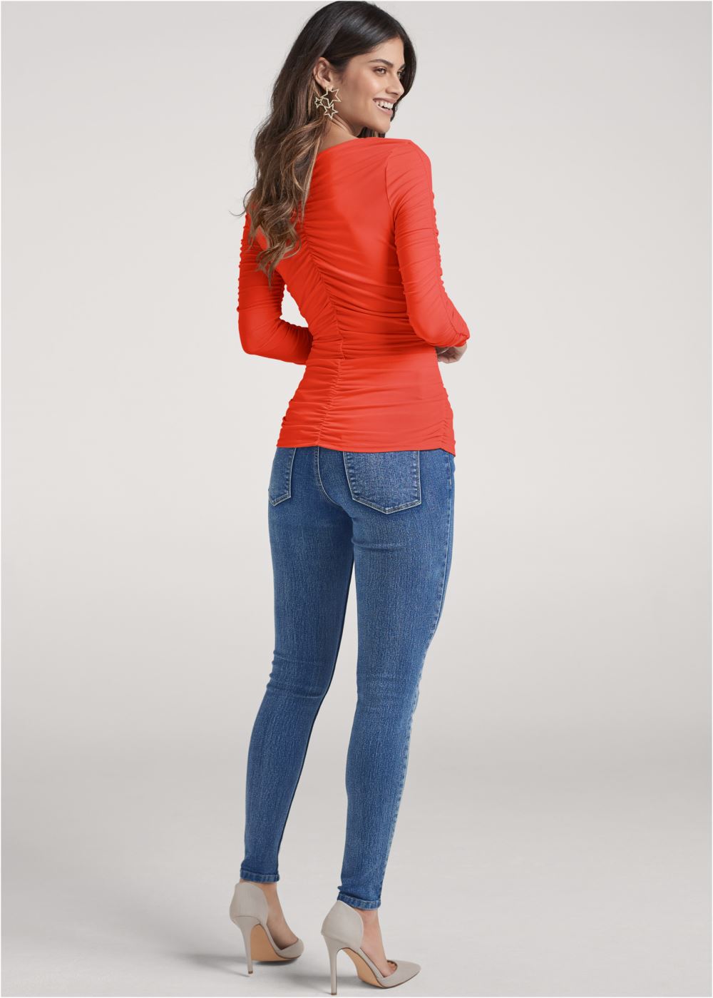 Venus Ruched V-Neck Top in Orange