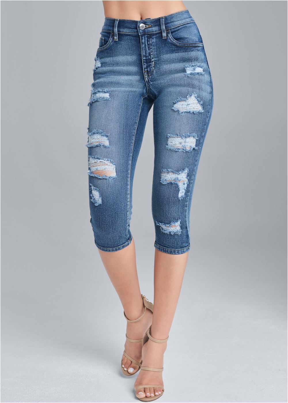 Venus Medium Wash RIPPED CAPRI JEANS
