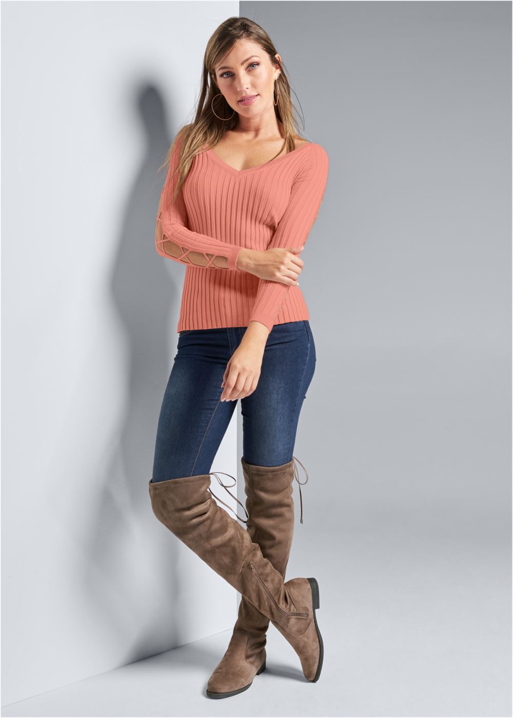 Venus VENUS | Sleeve Detail Sweater in Coral