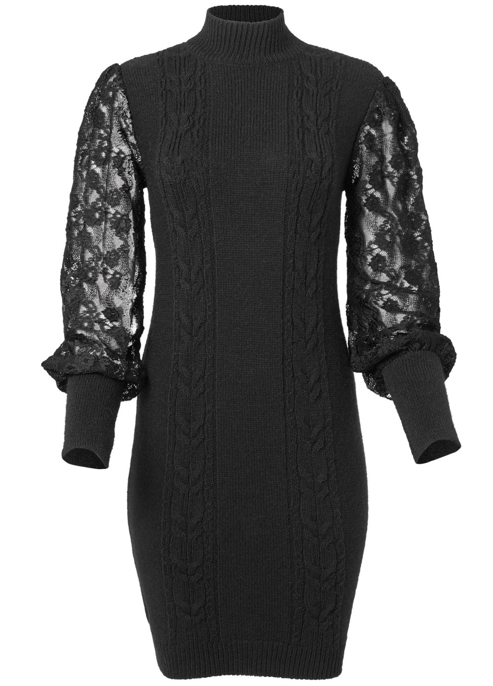 Venus Lace Sleeve Sweater Dress - Black