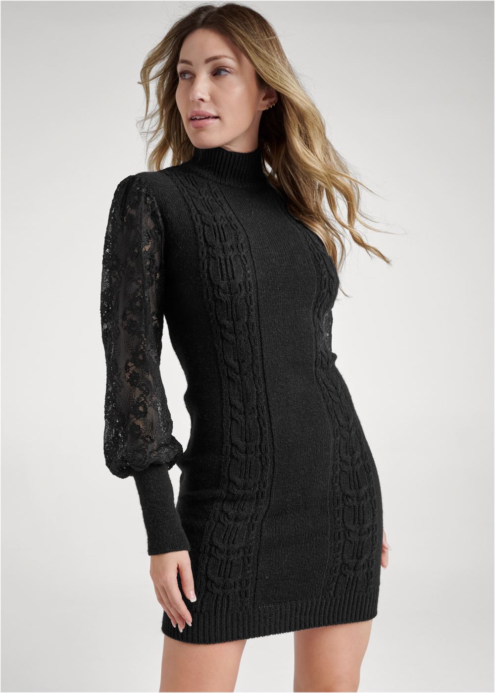 Venus Lace Sleeve Sweater Dress - Black