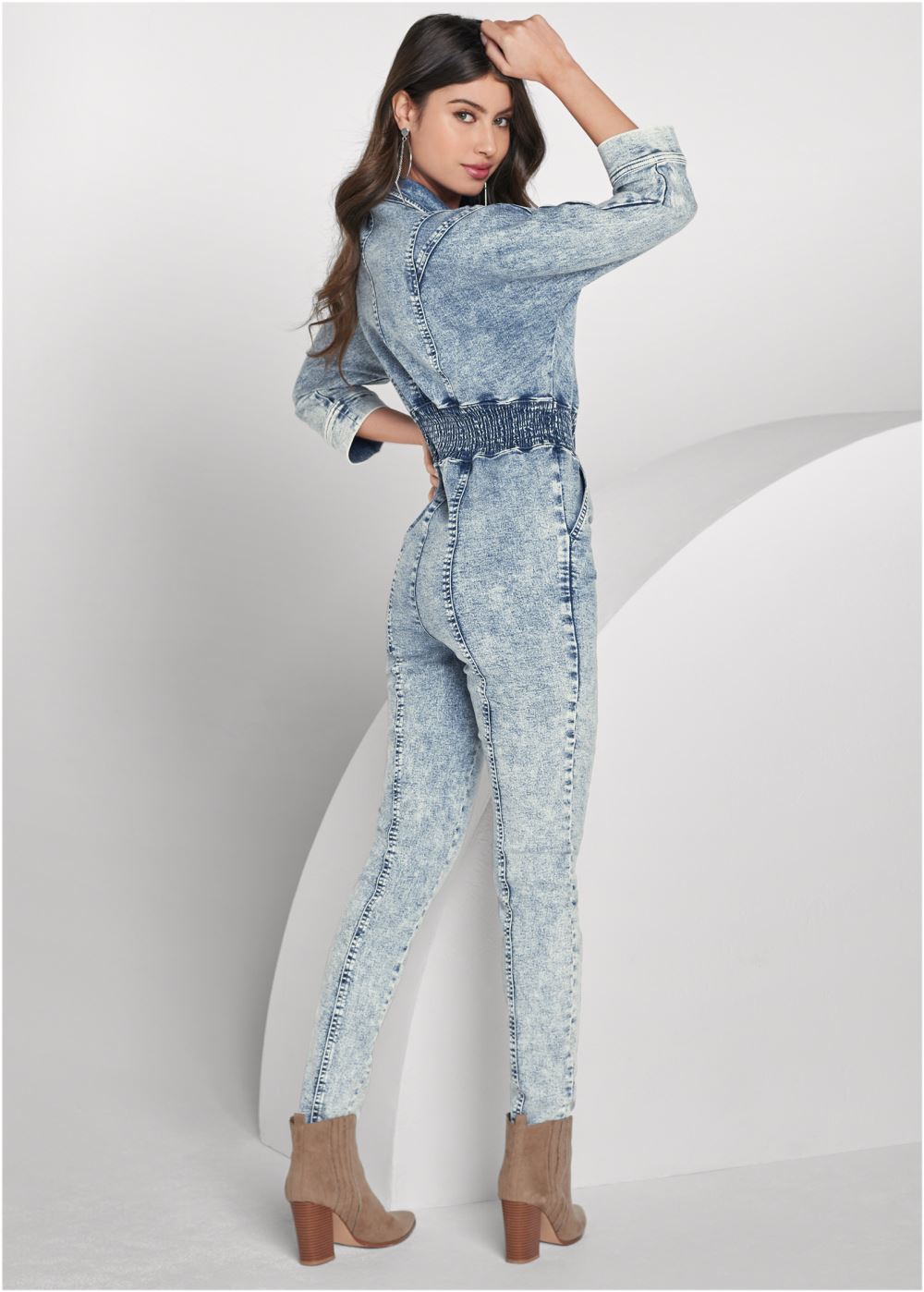 Venus Acid Wash Smocked Jumpsuit in Cool Wash