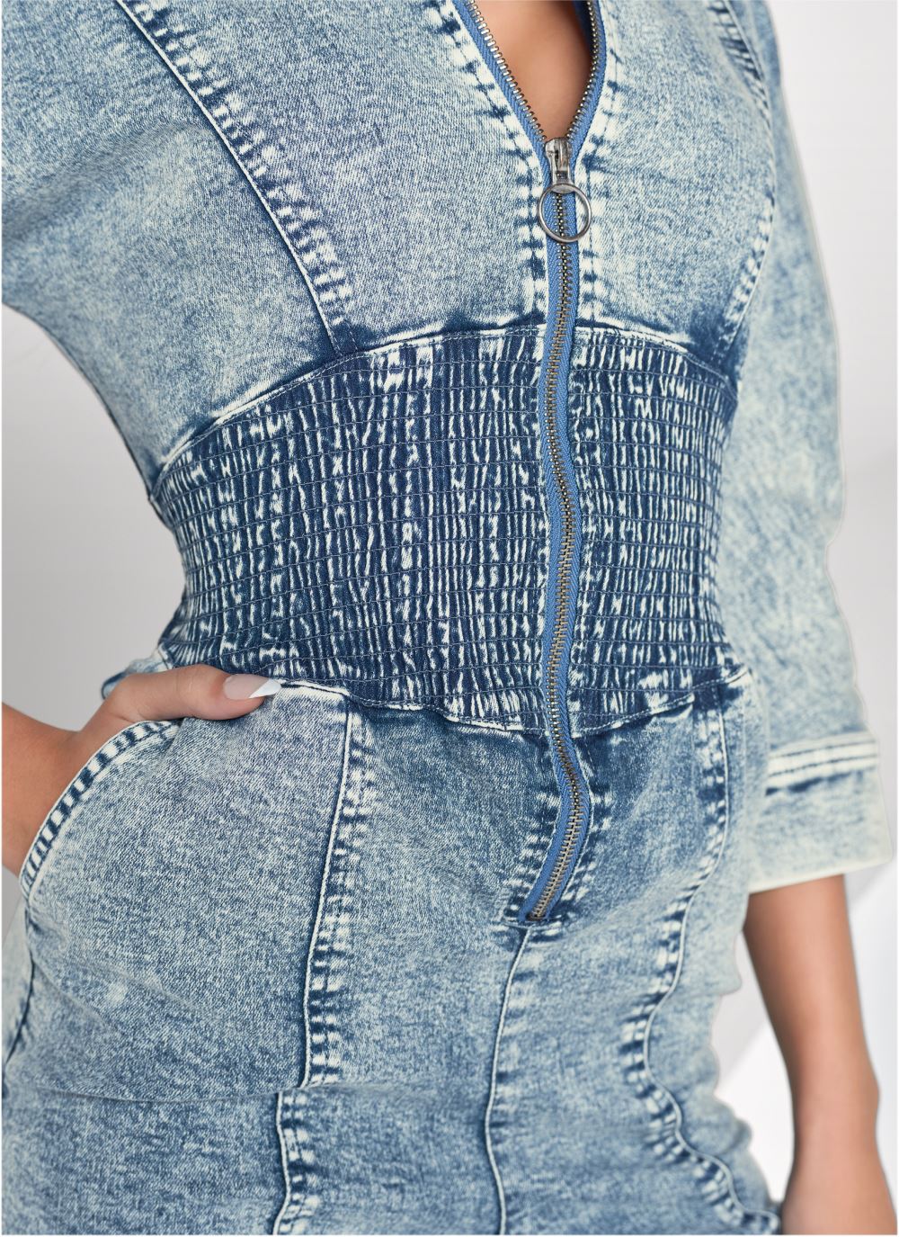 Venus Acid Wash Smocked Jumpsuit in Cool Wash
