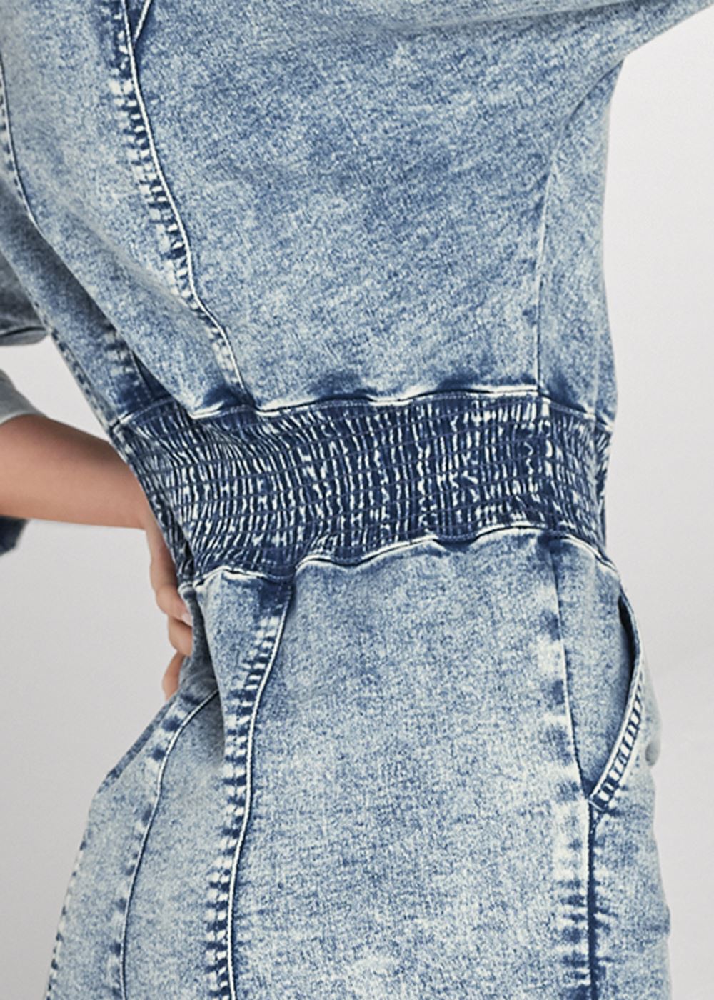 Venus Acid Wash Smocked Jumpsuit in Cool Wash