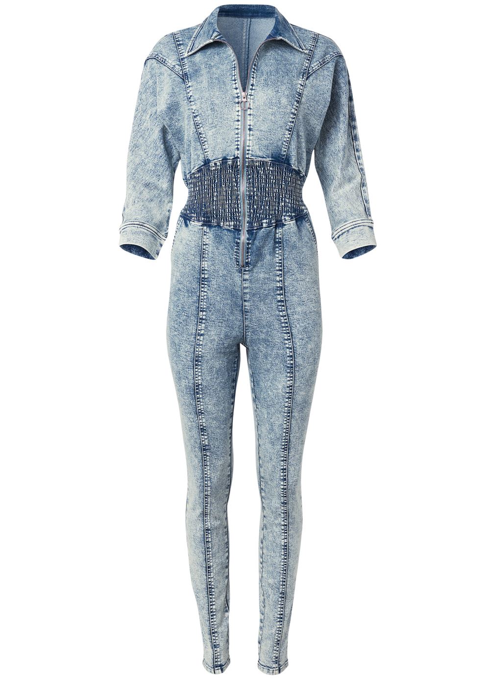 Venus Acid Wash Smocked Jumpsuit in Cool Wash