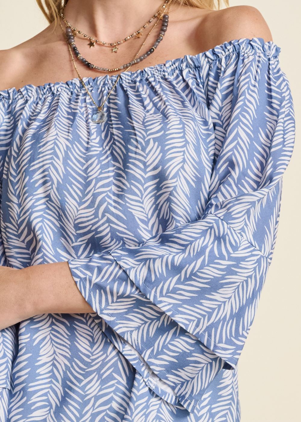 Venus Off-The-Shoulder Printed Top in Blue & White