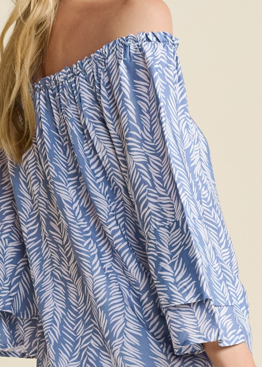 Venus Off-The-Shoulder Printed Top in Blue & White