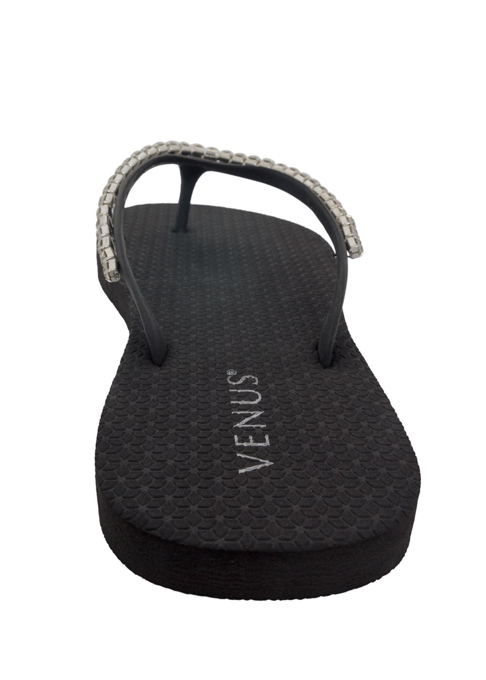 Venus Rhinestone Flip-Flop Sandals in Black